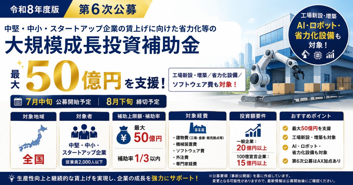 【令和8年度版】大規模成長投資補助金（第6次公募）を徹底解説！最大50億円・工場新設や省力化設備を支援