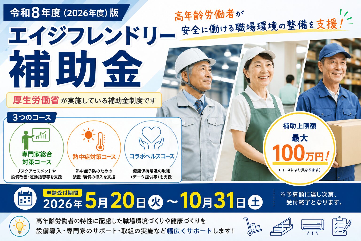 【令和8年度版】エイジフレンドリー補助金とは？最大100万円！高年齢労働者の安全対策・熱中症対策・健康づくりを支援