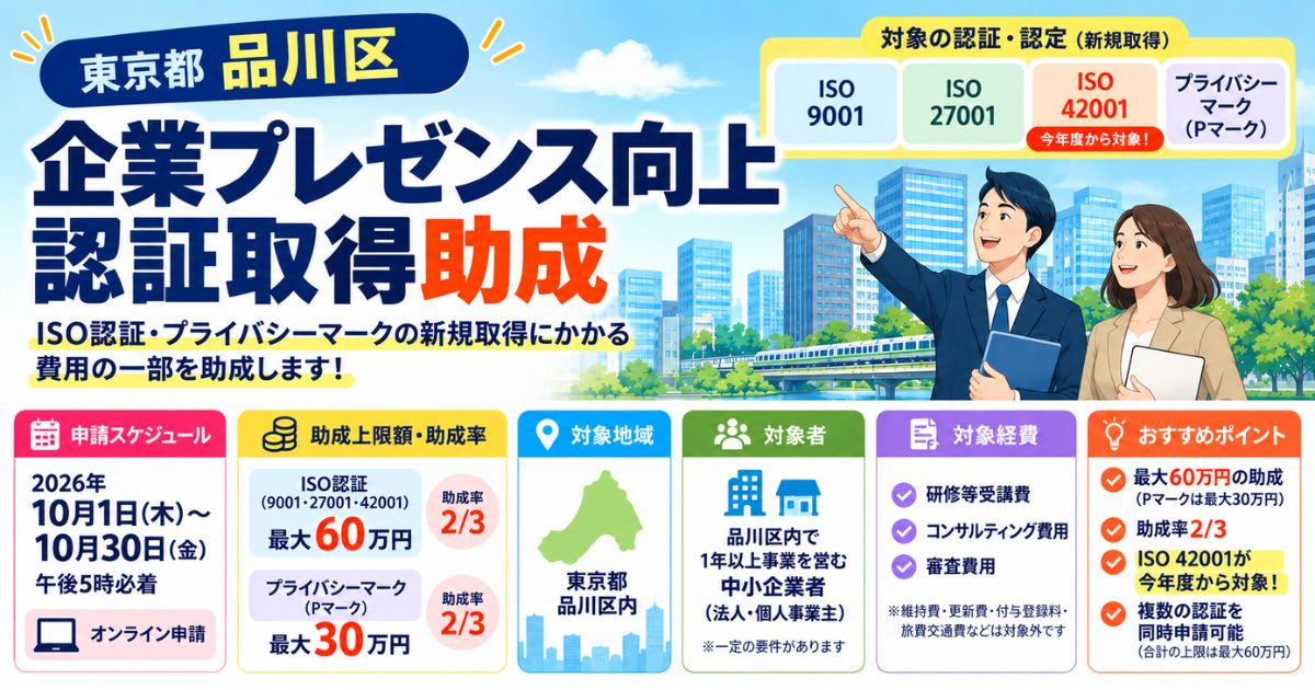 【品川区】企業プレゼンス向上認証取得助成とは?ISO・Pマーク取得費用を最大60万円支援